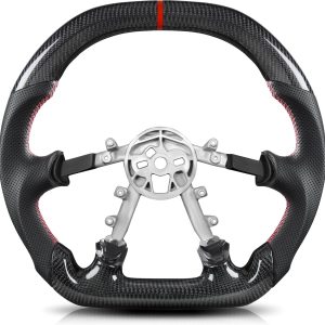 Corvette C5 Carbon Fiber Steering Wheel – 1997–2004, Double-D Flat-Top – Flat-Bottom Racing Style, Nappa Perforated Leather Grip, Hand-Stitched, for C5 Base/Z06