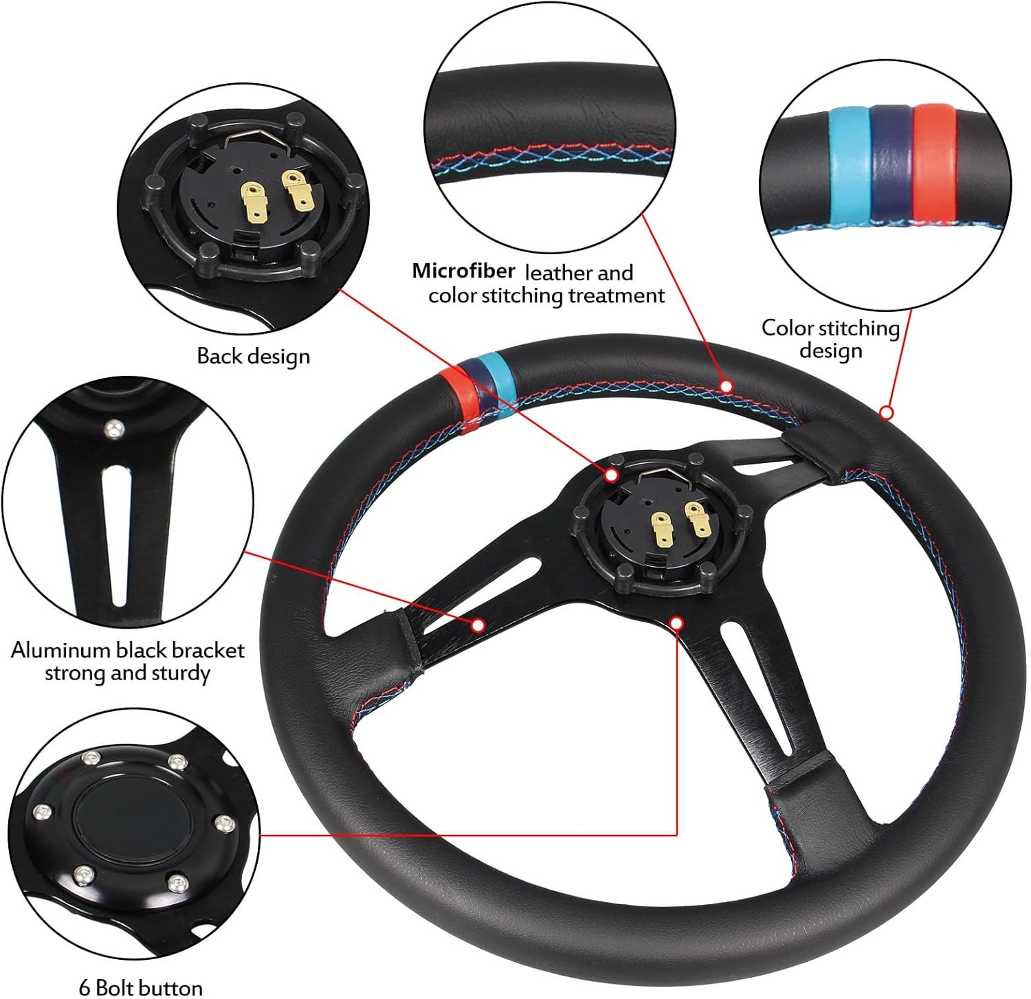 3 Color Microfiber Steering Wheel Leather 13.8”/350mm Drifting Deep Dish Steering Wheel For Car and Simulation PC Game - Image 3