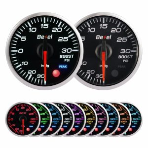 Bezel Boost Gauge Kit -30inHg~30Psi Black Indash Brushless Series 2-1/16” (52mm) Clear Lens – Includes Electrical Sensor – Fast Response Rate – 10 Colors – for car & Truck – 270° Sweep – JDM – USDM