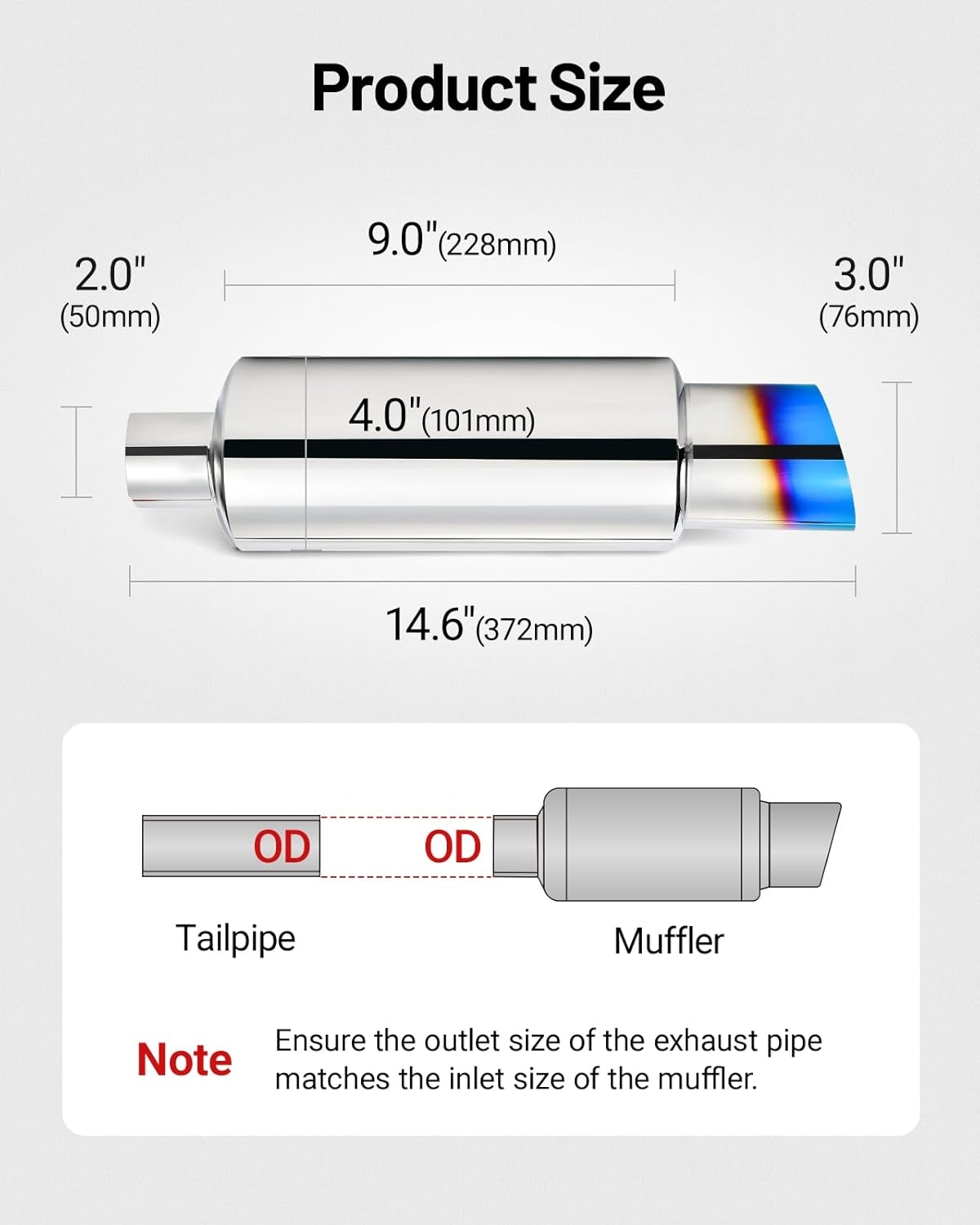 EVIL ENERGY Exhaust Muffler,Stainless Steel Exhaust Tip,Universal 14.6" Length (Burnt,2" Inlet 3" Outlet) - Image 2