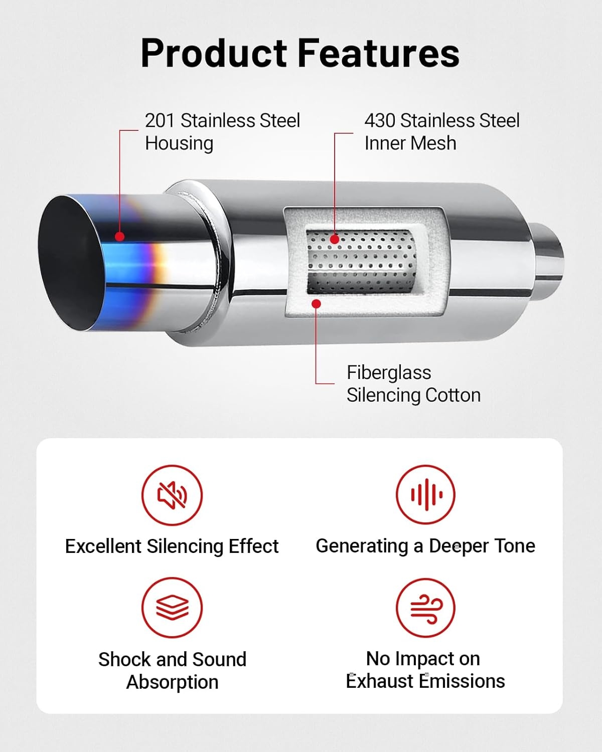 EVIL ENERGY Exhaust Muffler,Stainless Steel Exhaust Tip,Universal 14.6" Length (Burnt,2" Inlet 3" Outlet) - Image 4