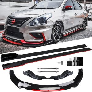 Black – Red Universal 69″ – 73″ Adjustable Car Front Bumper Lip Splitter Chin Spoiler Body Kit with 86.6″ Side Skirt Extension Rocker Panel and Rear Bumper Lip Diffuser Compatible Most Vehicle