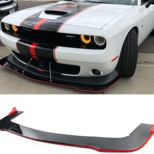 Front Lip 3Pcs Lip Set for Dodge Challenger SXT SRT Hellcat 2012-2022 Front Bumper Lip Splitter Spoiler (Glossy Black+Red Line)