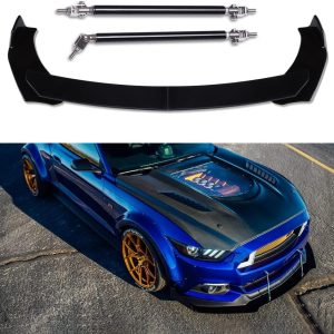 DREAMIZER Universal Front Bumper Lip Strut Rod Spoiler Wing Wide Body Kit Spoiler with Adjustable 8″-11″ Support Splitter Rods (Black) – Round Corner