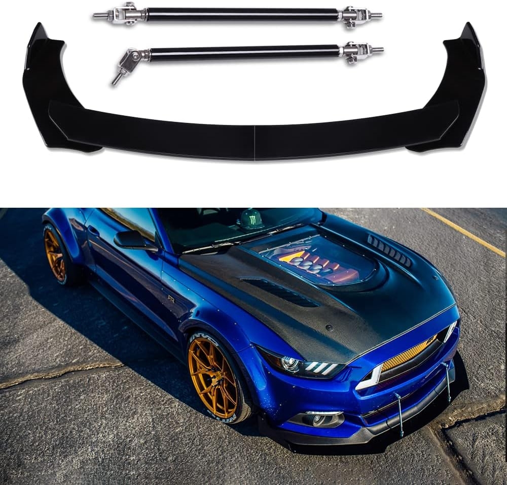 DREAMIZER Universal Front Bumper Lip Strut Rod Spoiler Wing Wide Body Kit Spoiler with Adjustable 8"-11" Support Splitter Rods (Black) - Round Corner