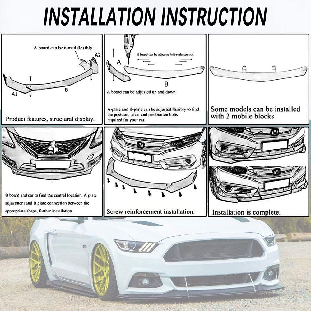 DREAMIZER Universal Front Bumper Lip Strut Rod Spoiler Wing Wide Body Kit Spoiler with Adjustable 8"-11" Support Splitter Rods (Black) - Round Corner - Image 18