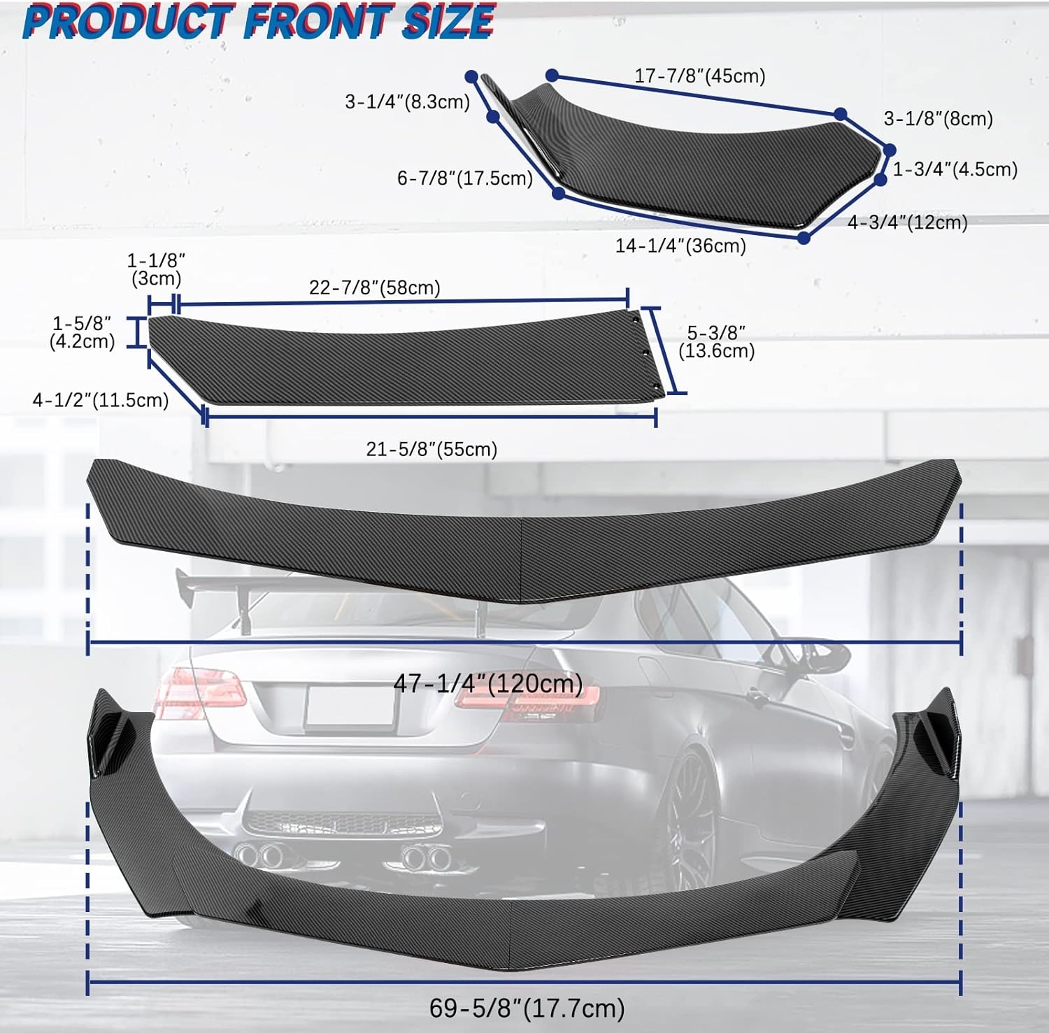 DREAMIZER Universal Front Bumper Lip Strut Rod Spoiler Wing Wide Body Kit Spoiler with Adjustable 8"-11" Support Splitter Rods (Black) - Round Corner - Image 21