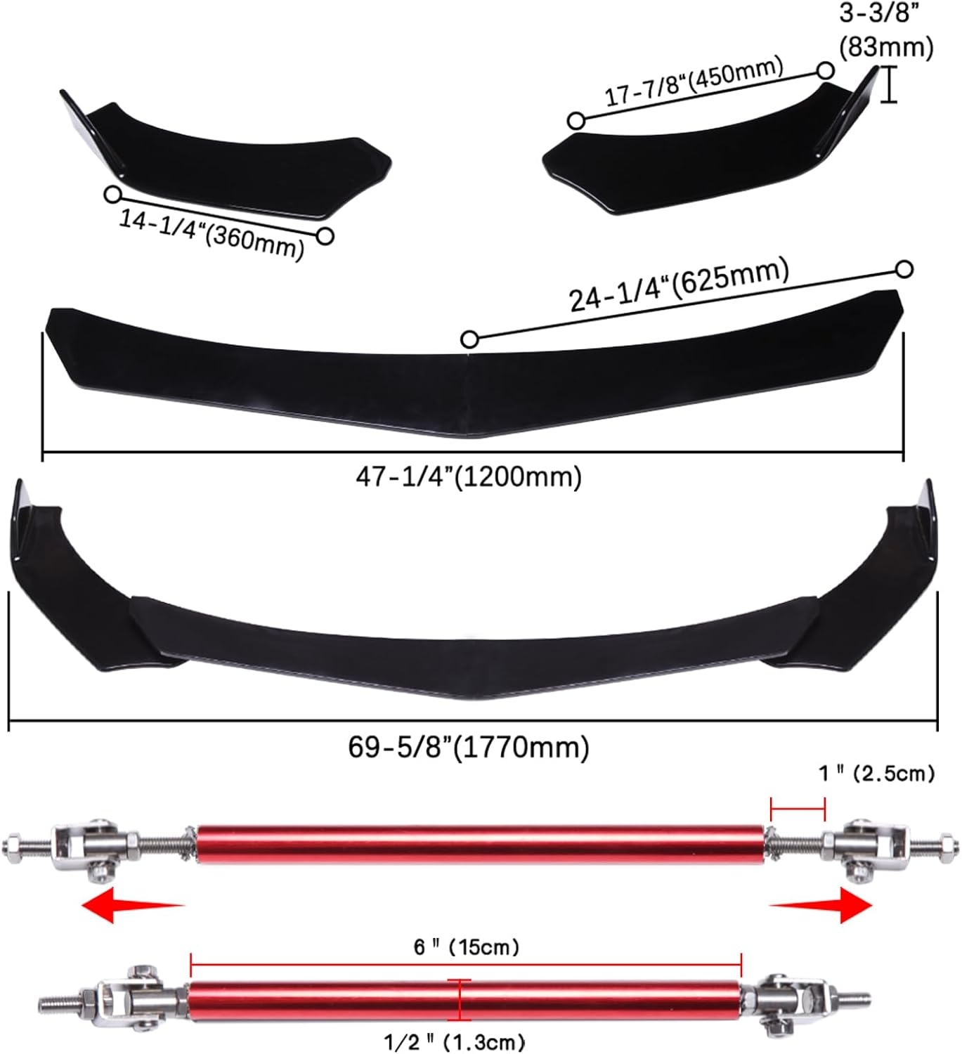 DREAMIZER Universal Front Bumper Lip Strut Rod Spoiler Wing Wide Body Kit Spoiler with Adjustable 8"-11" Support Splitter Rods (Black) - Round Corner - Image 27