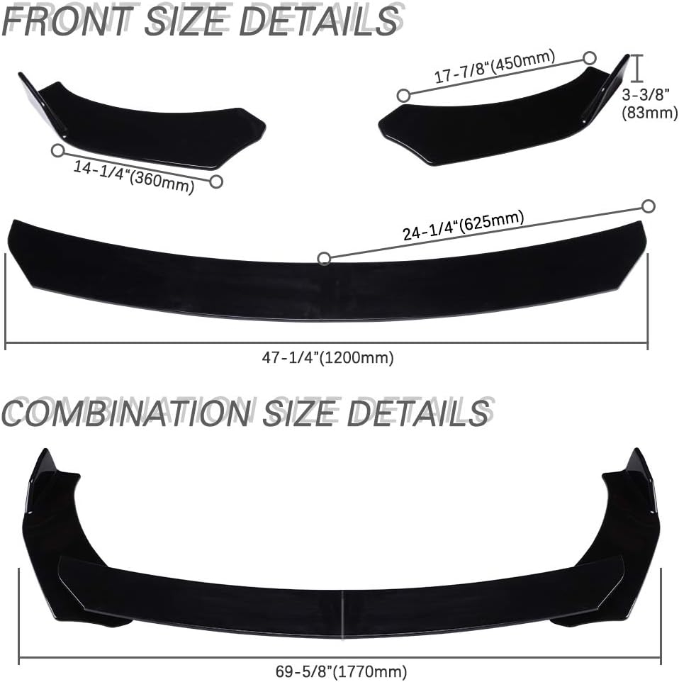 DREAMIZER Universal Front Bumper Lip Strut Rod Spoiler Wing Wide Body Kit Spoiler with Adjustable 8"-11" Support Splitter Rods (Black) - Round Corner - Image 34
