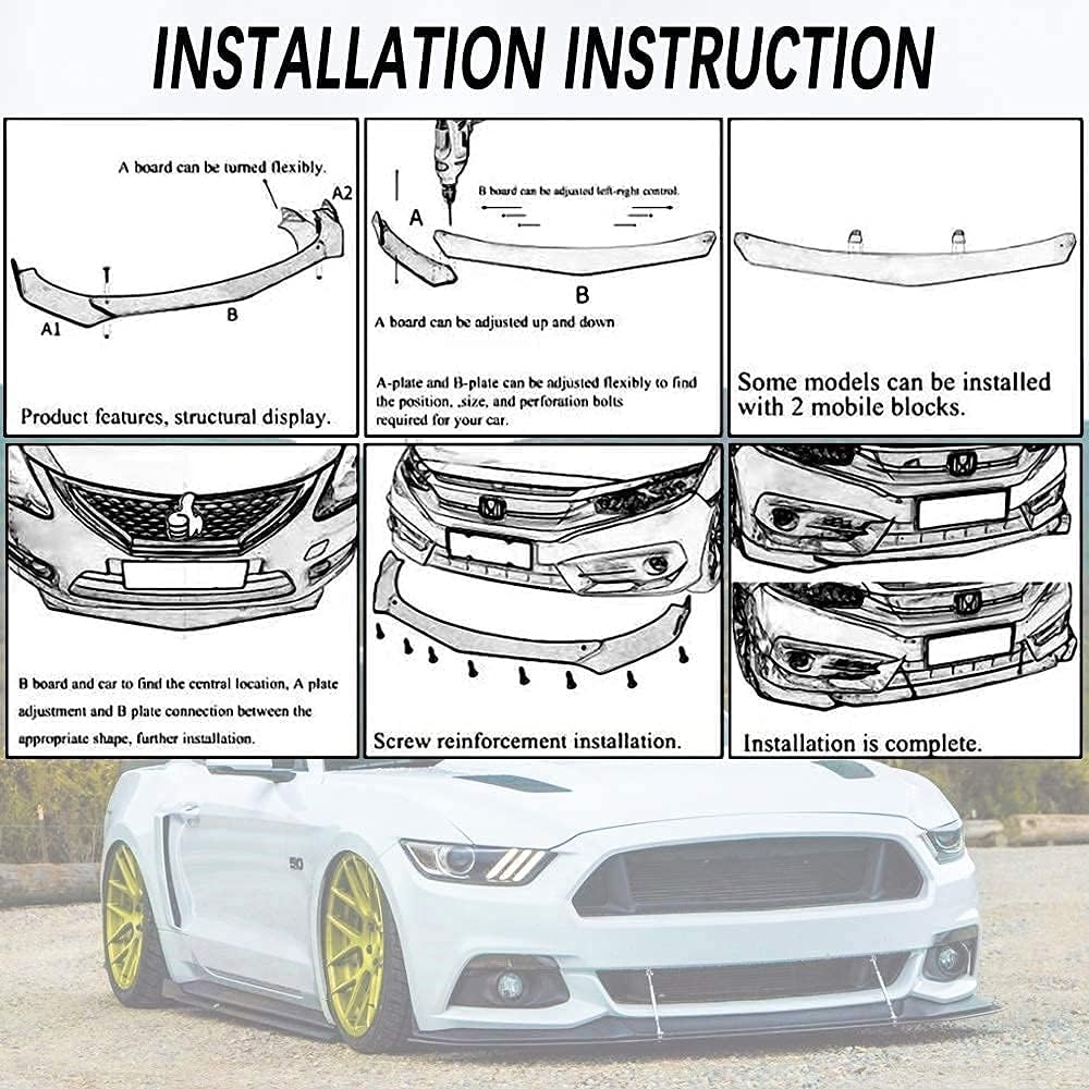 DREAMIZER Universal Front Bumper Lip Strut Rod Spoiler Wing Wide Body Kit Spoiler with Adjustable 8"-11" Support Splitter Rods (Black) - Round Corner - Image 38