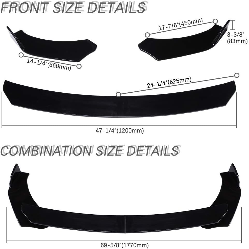 DREAMIZER Universal Front Bumper Lip Strut Rod Spoiler Wing Wide Body Kit Spoiler with Adjustable 8"-11" Support Splitter Rods (Black) - Round Corner - Image 46
