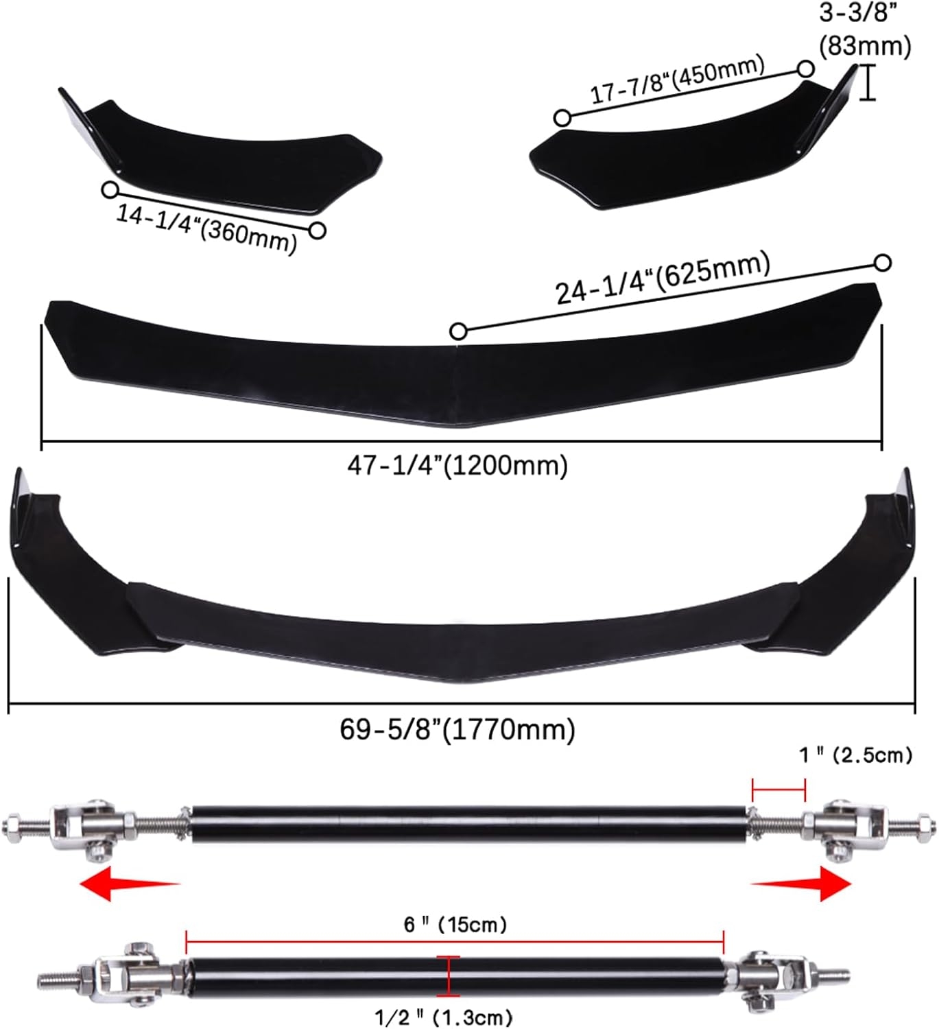 DREAMIZER Universal Front Bumper Lip Strut Rod Spoiler Wing Wide Body Kit Spoiler with Adjustable 8"-11" Support Splitter Rods (Black) - Round Corner - Image 63