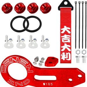 Heart Horse Rear Tow Towing Hook for Universal Car, JDM Bumper Quick Release Front Rear Bumper Fasteners, Decorative Tow Strap Personalized with Chinese Slogan (Red)