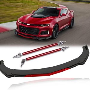 Front Splitter Lip, Front Bumper Lip, Universal Lip Protector Adjustable Body Kits Red Lip Splitter – Sharp Black,with Adjustable 8″-11″ Support Rod(Red)