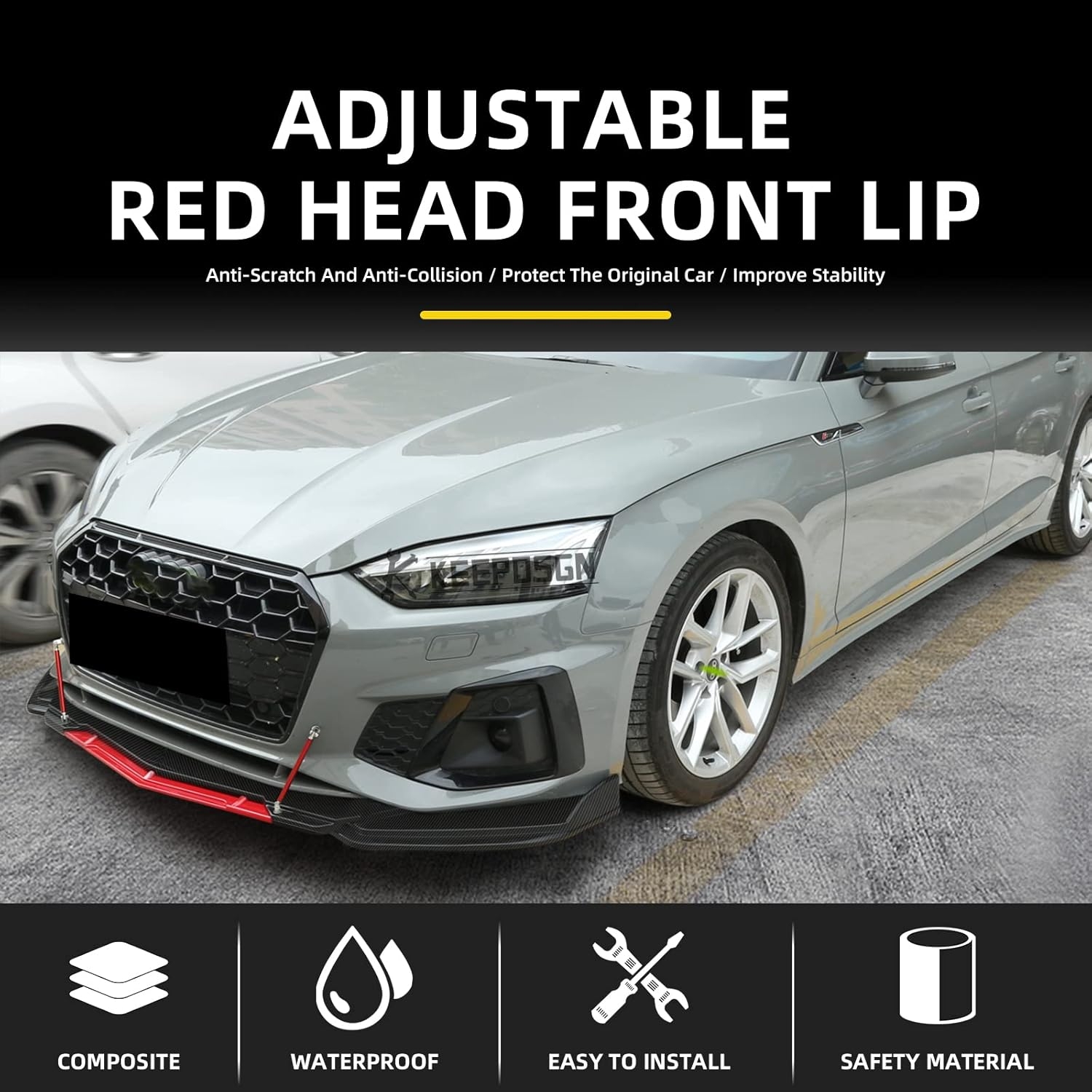 Front Splitter Lip, Front Bumper Lip, Universal Lip Protector Adjustable Body Kits Red Lip Splitter - Sharp Black,with Adjustable 8"-11" Support Rod(Red) - Image 4