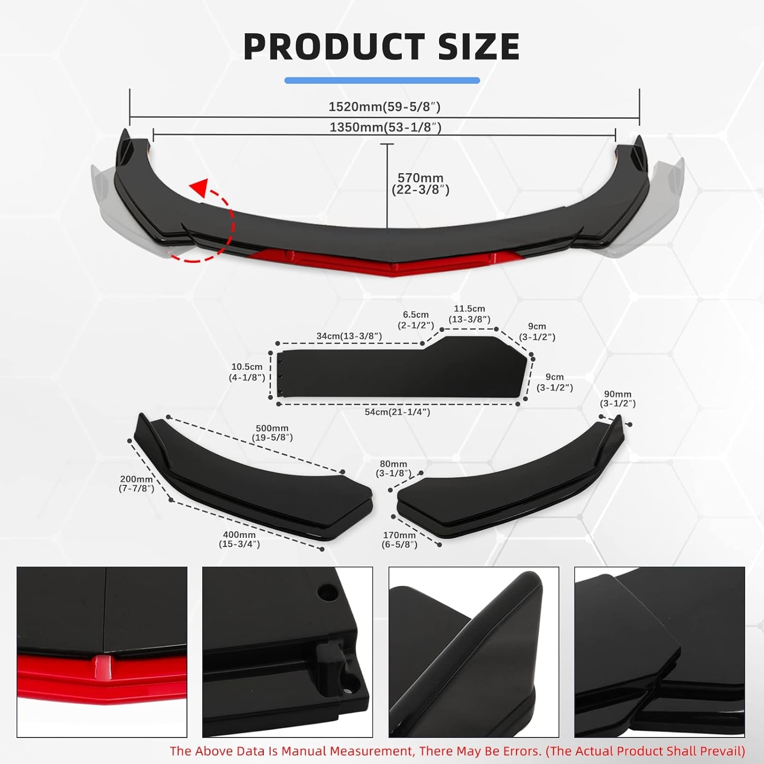 Front Splitter Lip, Front Bumper Lip, Universal Lip Protector Adjustable Body Kits Red Lip Splitter - Sharp Black,with Adjustable 8"-11" Support Rod(Red) - Image 5