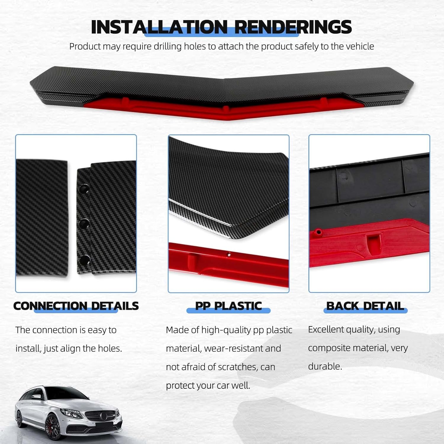 Front Splitter Lip, Front Bumper Lip, Universal Lip Protector Adjustable Body Kits Red Lip Splitter - Sharp Black,with Adjustable 8"-11" Support Rod(Red) - Image 7