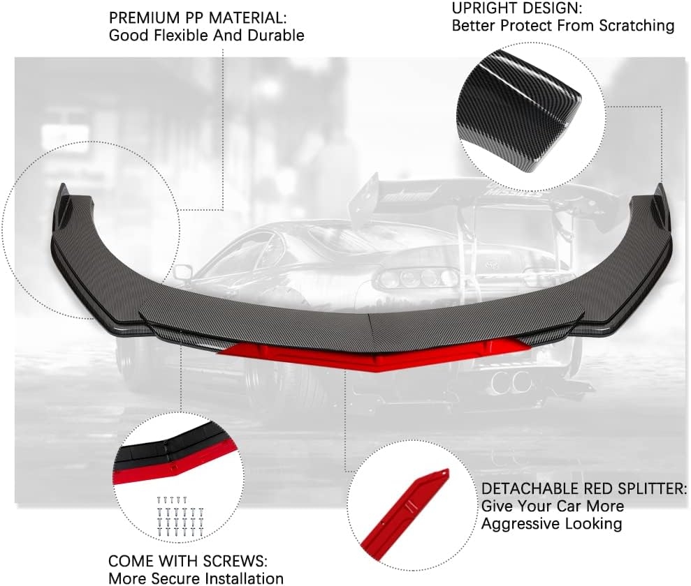 Front Splitter Lip, Front Bumper Lip, Universal Lip Protector Adjustable Body Kits Red Lip Splitter - Sharp Black,with Adjustable 8"-11" Support Rod(Red) - Image 15