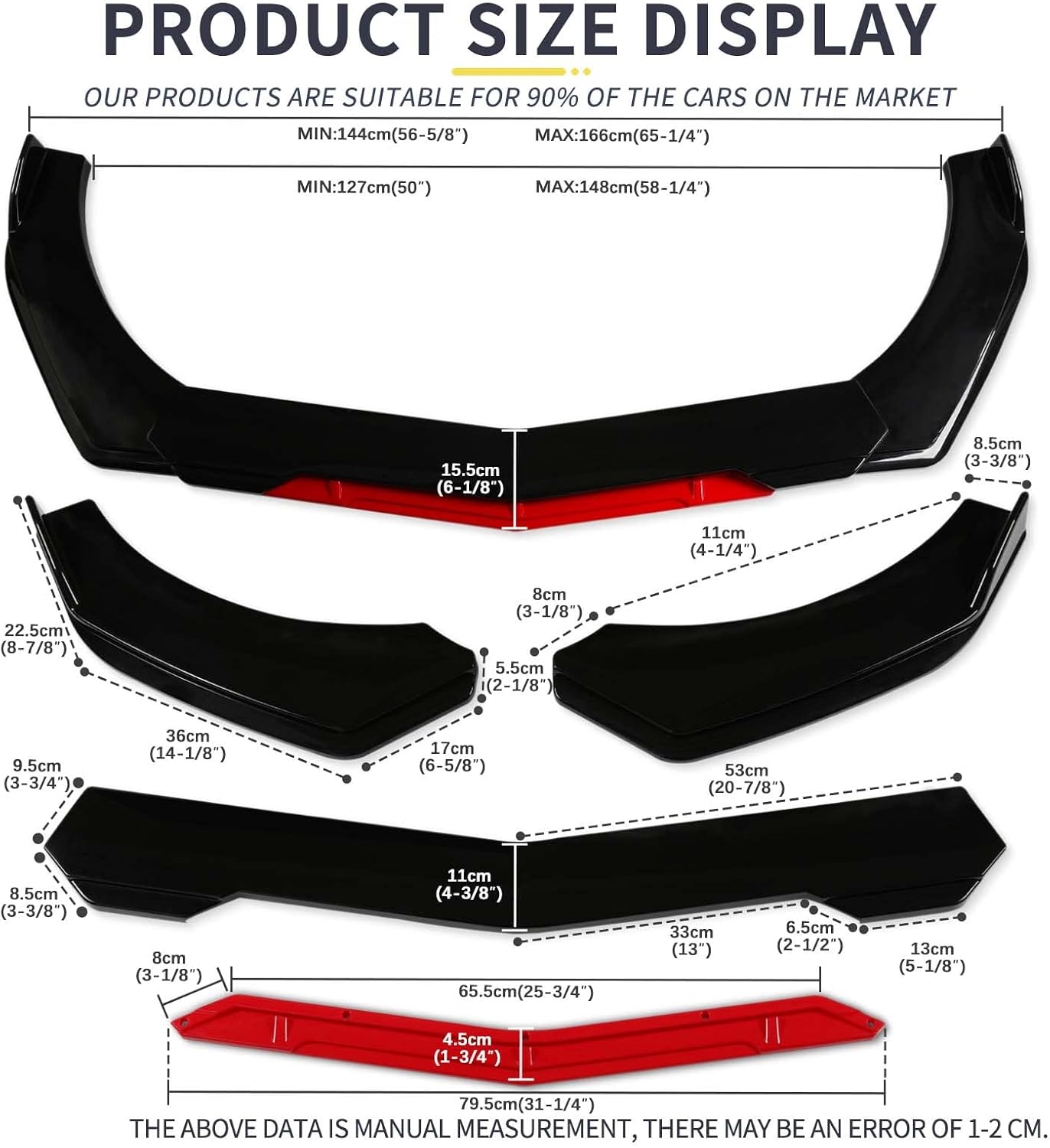 Front Splitter Lip, Front Bumper Lip, Universal Lip Protector Adjustable Body Kits Red Lip Splitter - Sharp Black,with Adjustable 8"-11" Support Rod(Red) - Image 29