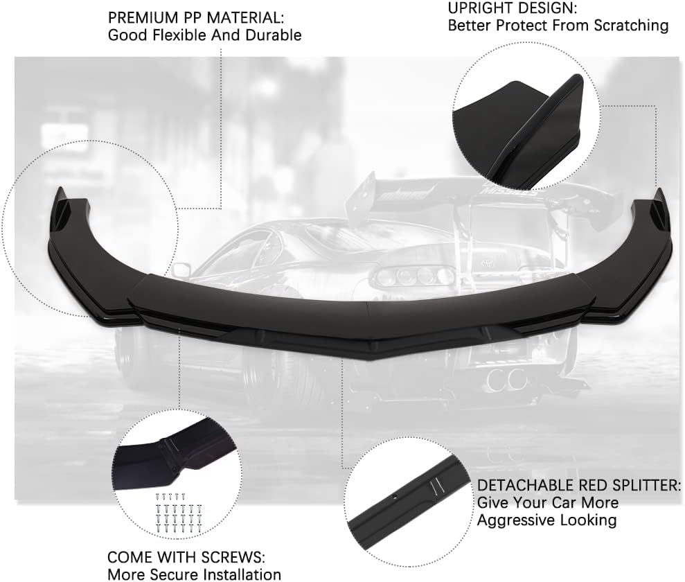 Front Splitter Lip, Front Bumper Lip, Universal Lip Protector Adjustable Body Kits Red Lip Splitter - Sharp Black,with Adjustable 8"-11" Support Rod(Red) - Image 42