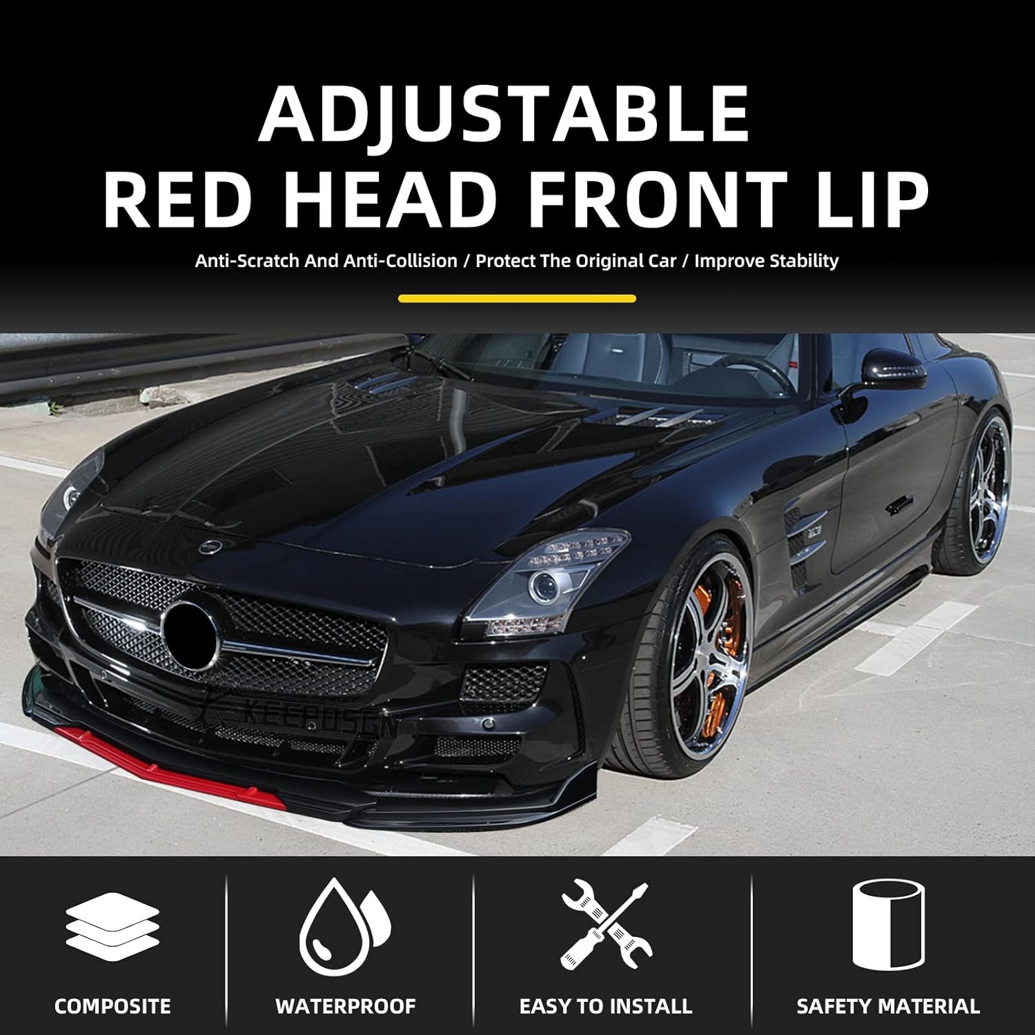Front Splitter Lip, Front Bumper Lip, Universal Lip Protector Adjustable Body Kits Red Lip Splitter - Sharp Black,with Adjustable 8"-11" Support Rod(Red) - Image 57