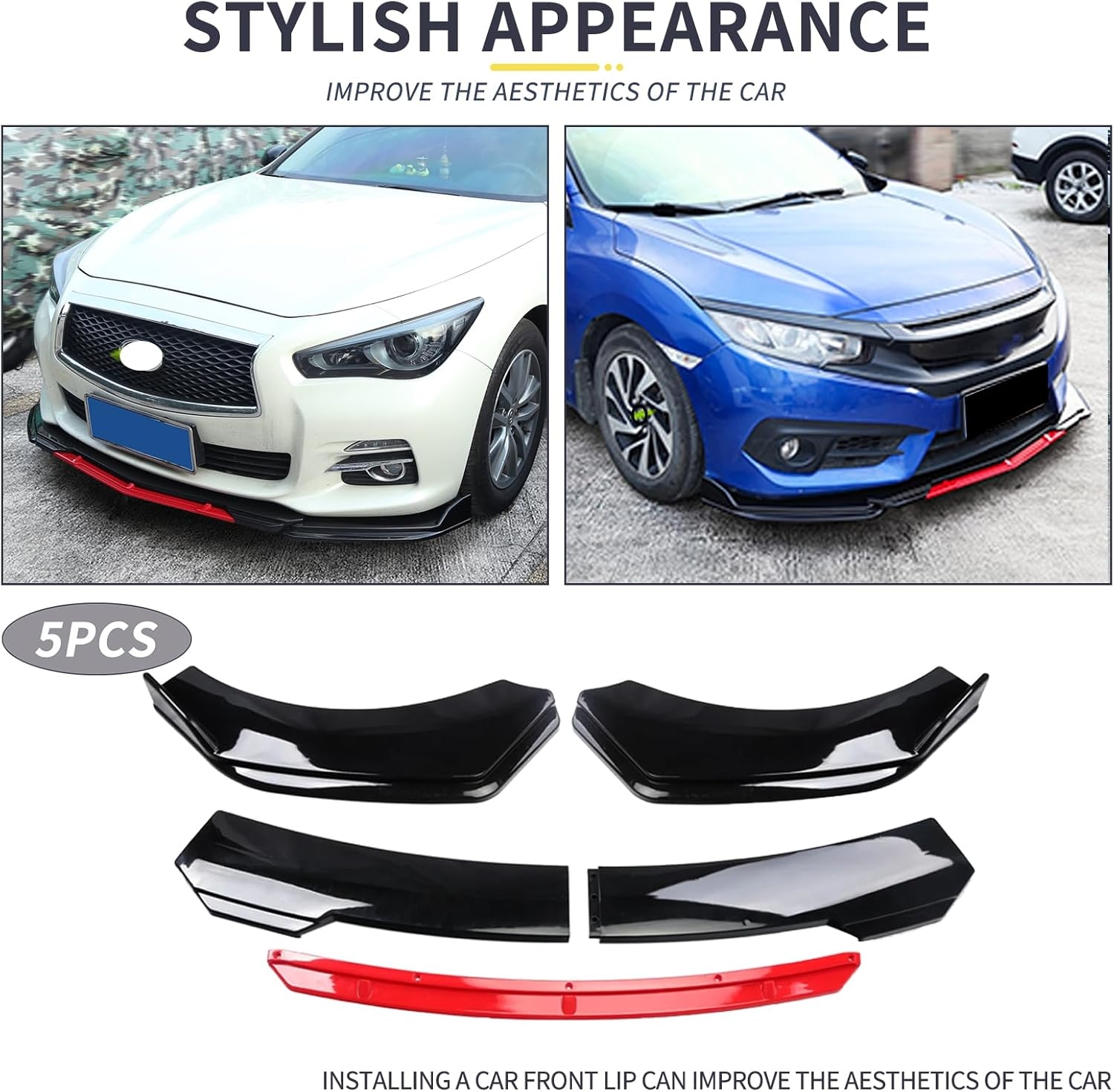 Front Splitter Lip, Front Bumper Lip, Universal Lip Protector Adjustable Body Kits Red Lip Splitter - Sharp Black,with Adjustable 8"-11" Support Rod(Red) - Image 81