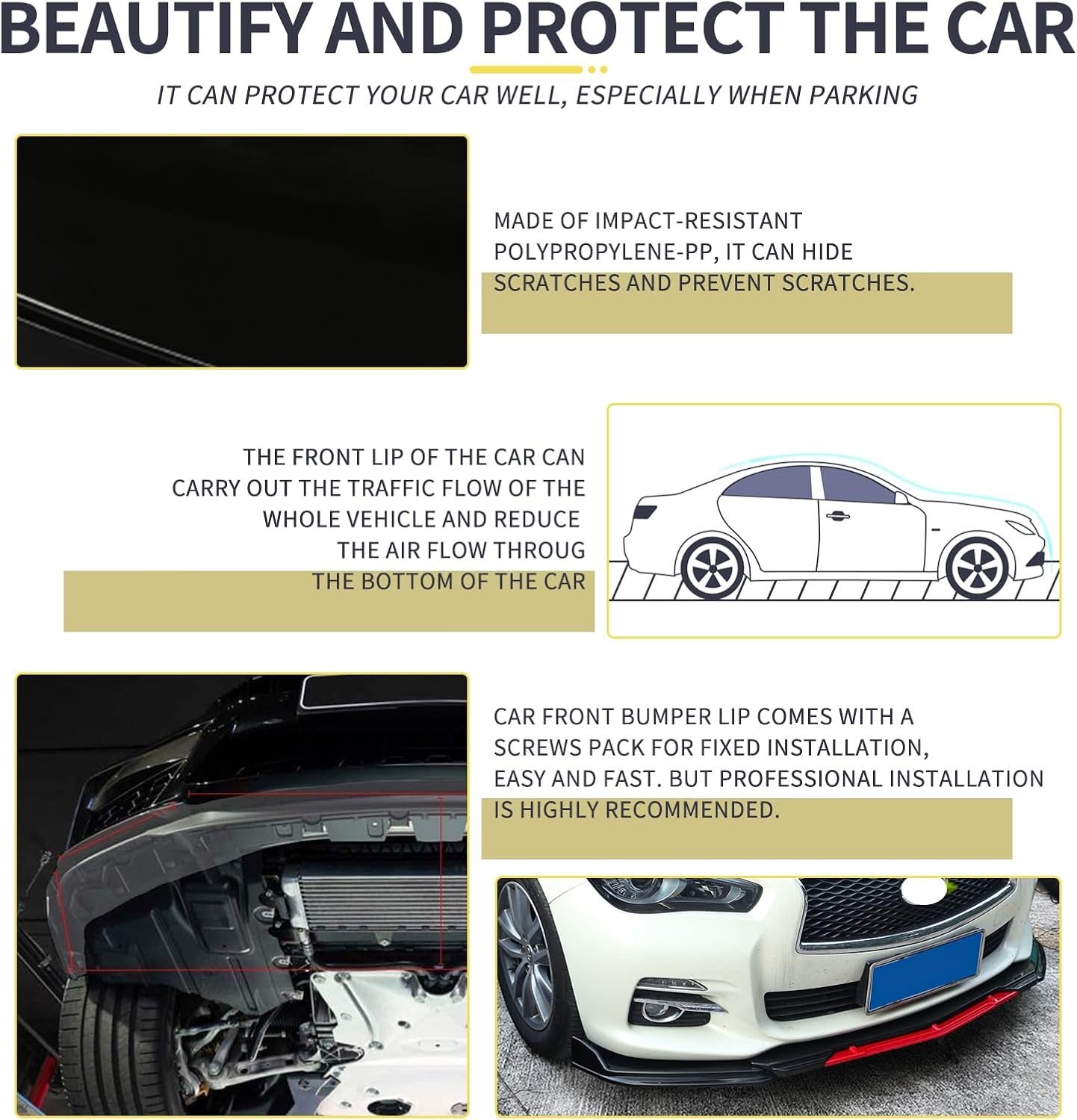 Front Splitter Lip, Front Bumper Lip, Universal Lip Protector Adjustable Body Kits Red Lip Splitter - Sharp Black,with Adjustable 8"-11" Support Rod(Red) - Image 82