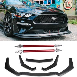 3PCS Matte Black Front Bumper Lip Chin Spoiler Splitter Diffuser Protector Body Kit with Adjustable 10″-13″ Red Support Rod Compatible with 2018-2022 Ford Mustang Ecoboost GT V8