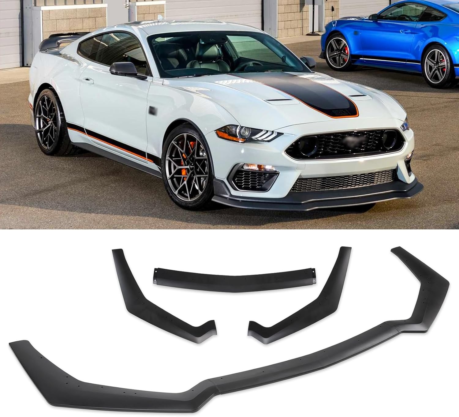 3PCS Matte Black Front Bumper Lip Chin Spoiler Splitter Diffuser Protector Body Kit with Adjustable 10"-13" Red Support Rod Compatible with 2018-2022 Ford Mustang Ecoboost GT V8 - Image 2