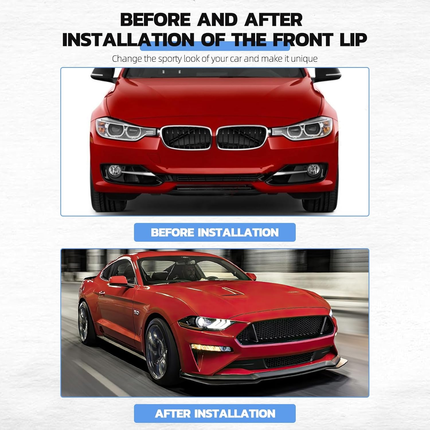 3PCS Matte Black Front Bumper Lip Chin Spoiler Splitter Diffuser Protector Body Kit with Adjustable 10"-13" Red Support Rod Compatible with 2018-2022 Ford Mustang Ecoboost GT V8 - Image 3