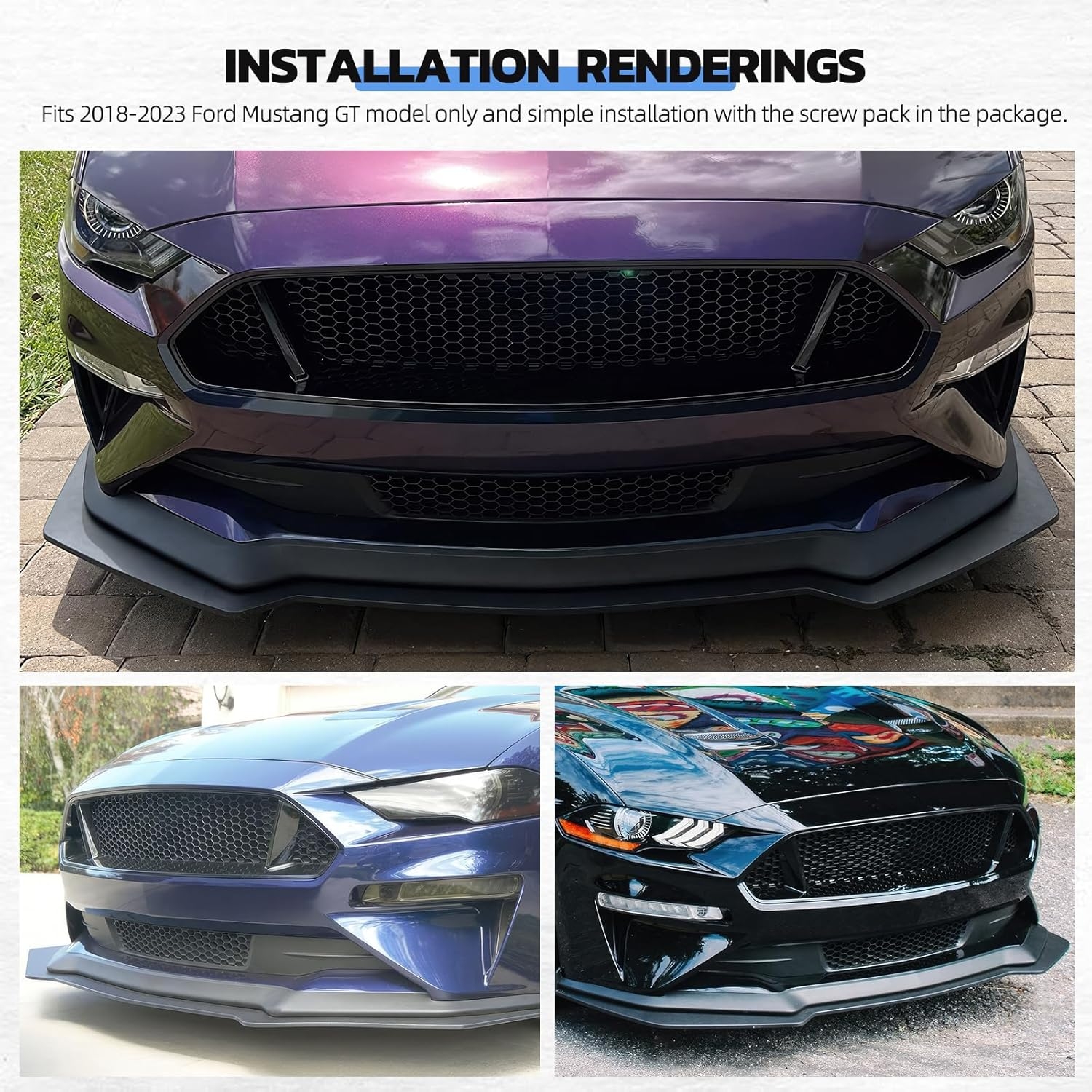 3PCS Matte Black Front Bumper Lip Chin Spoiler Splitter Diffuser Protector Body Kit with Adjustable 10"-13" Red Support Rod Compatible with 2018-2022 Ford Mustang Ecoboost GT V8 - Image 4