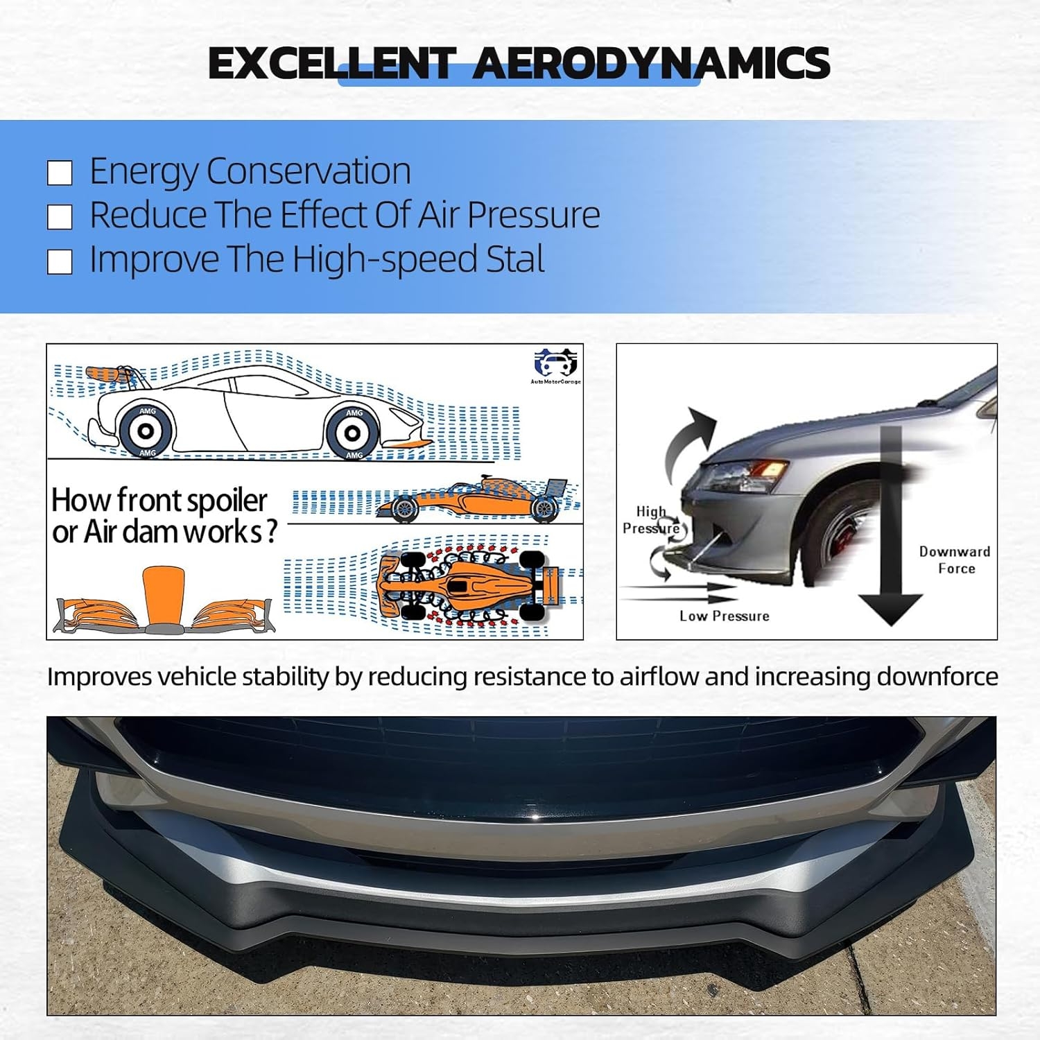 3PCS Matte Black Front Bumper Lip Chin Spoiler Splitter Diffuser Protector Body Kit with Adjustable 10"-13" Red Support Rod Compatible with 2018-2022 Ford Mustang Ecoboost GT V8 - Image 5