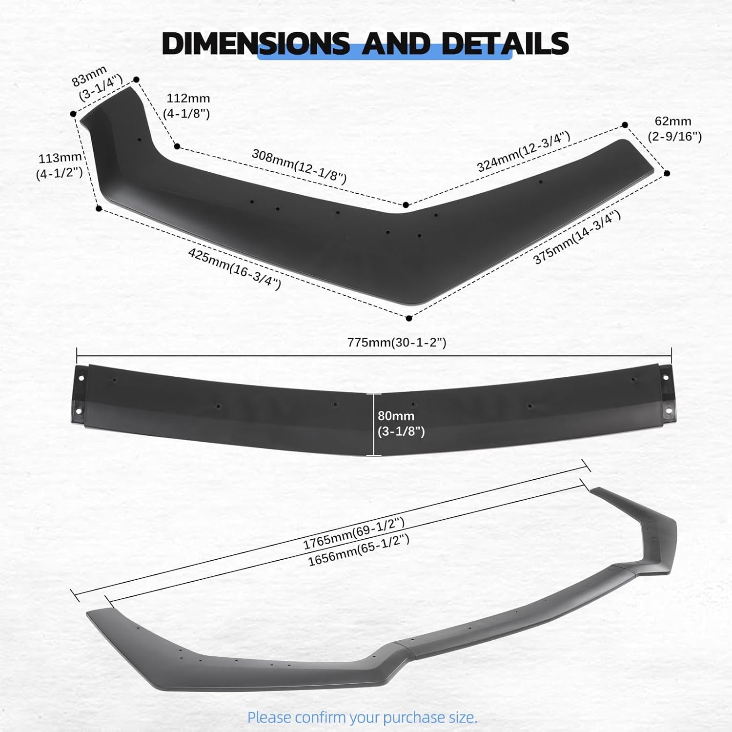 3PCS Matte Black Front Bumper Lip Chin Spoiler Splitter Diffuser Protector Body Kit with Adjustable 10"-13" Red Support Rod Compatible with 2018-2022 Ford Mustang Ecoboost GT V8 - Image 8