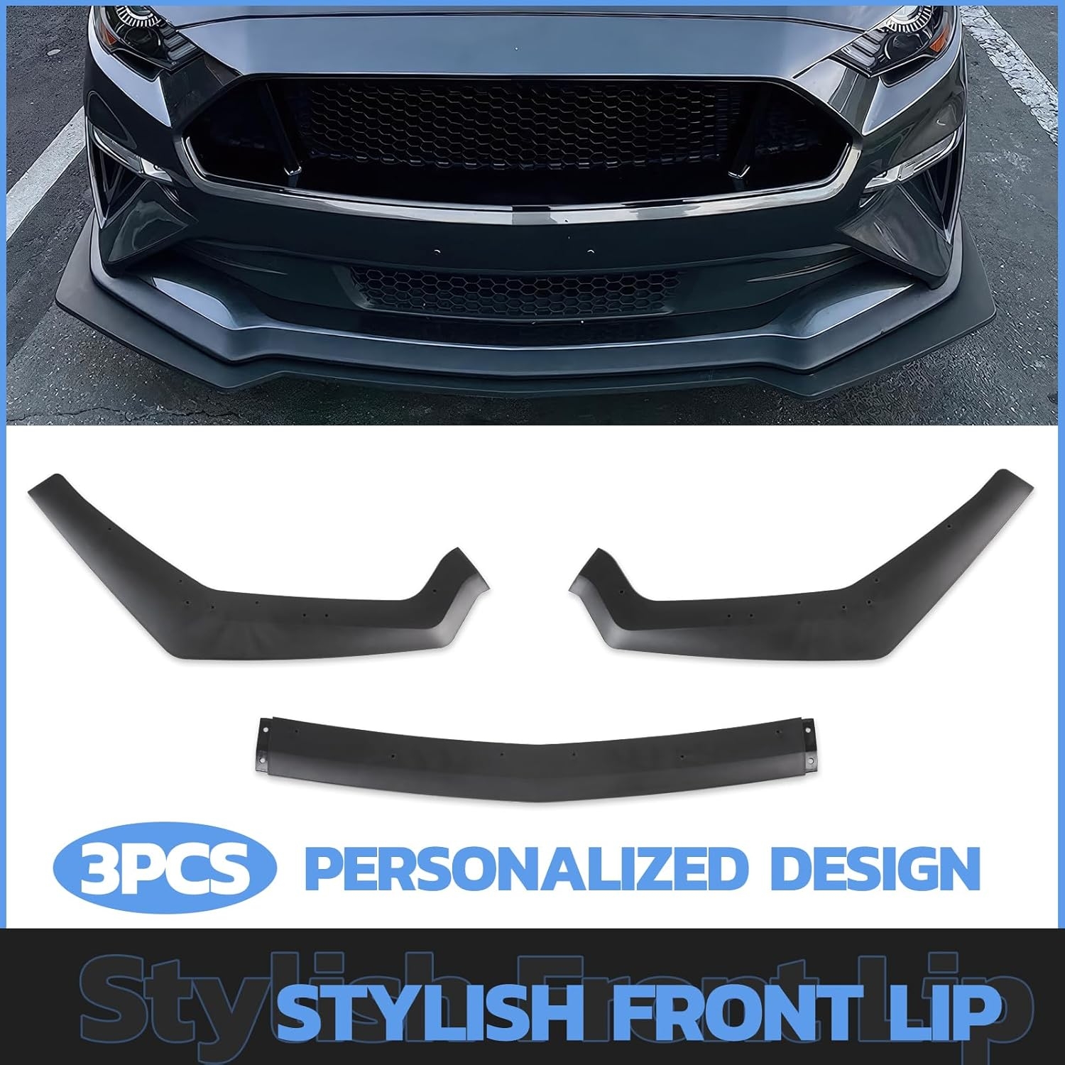 3PCS Matte Black Front Bumper Lip Chin Spoiler Splitter Diffuser Protector Body Kit with Adjustable 10"-13" Red Support Rod Compatible with 2018-2022 Ford Mustang Ecoboost GT V8 - Image 9