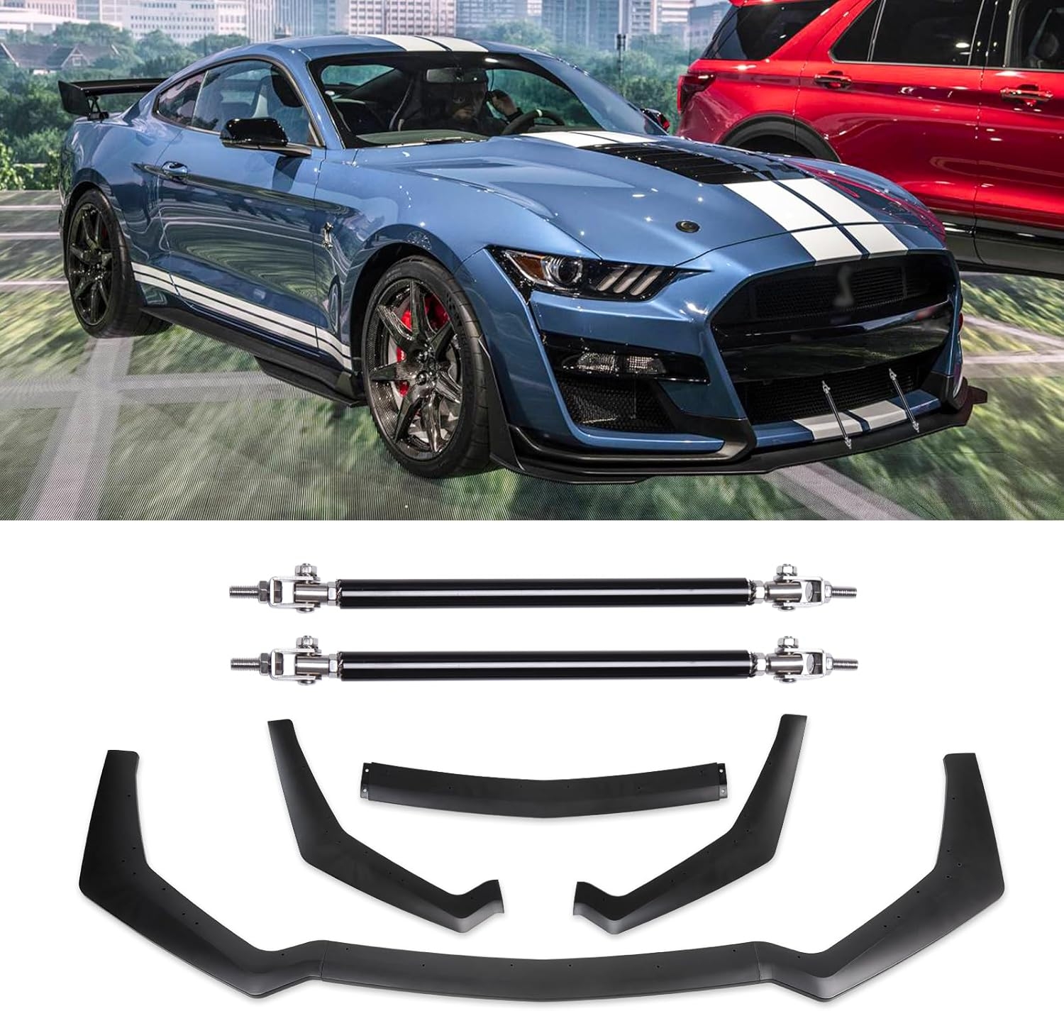 3PCS Matte Black Front Bumper Lip Chin Spoiler Splitter Diffuser Protector Body Kit with Adjustable 10"-13" Red Support Rod Compatible with 2018-2022 Ford Mustang Ecoboost GT V8 - Image 10