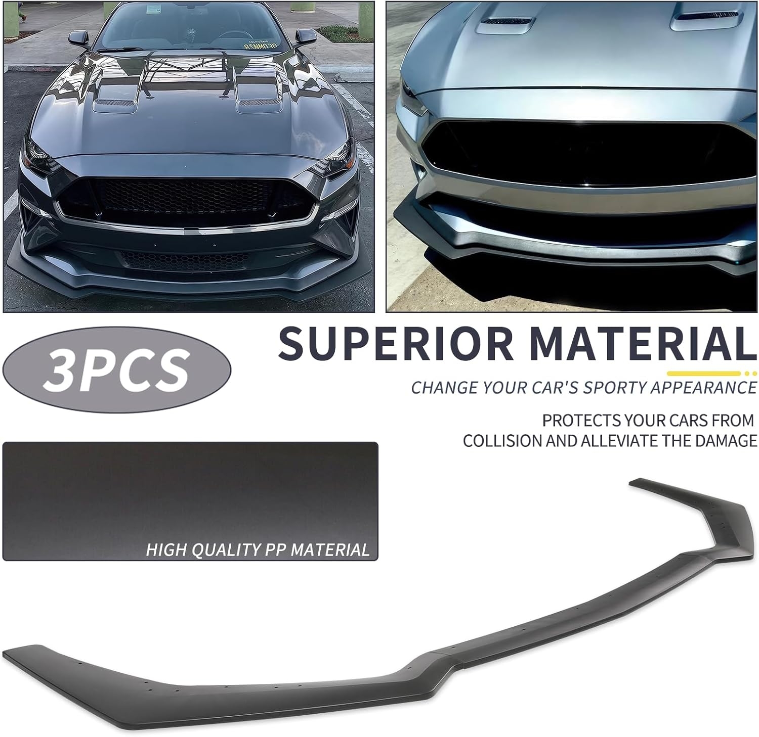 3PCS Matte Black Front Bumper Lip Chin Spoiler Splitter Diffuser Protector Body Kit with Adjustable 10"-13" Red Support Rod Compatible with 2018-2022 Ford Mustang Ecoboost GT V8 - Image 11