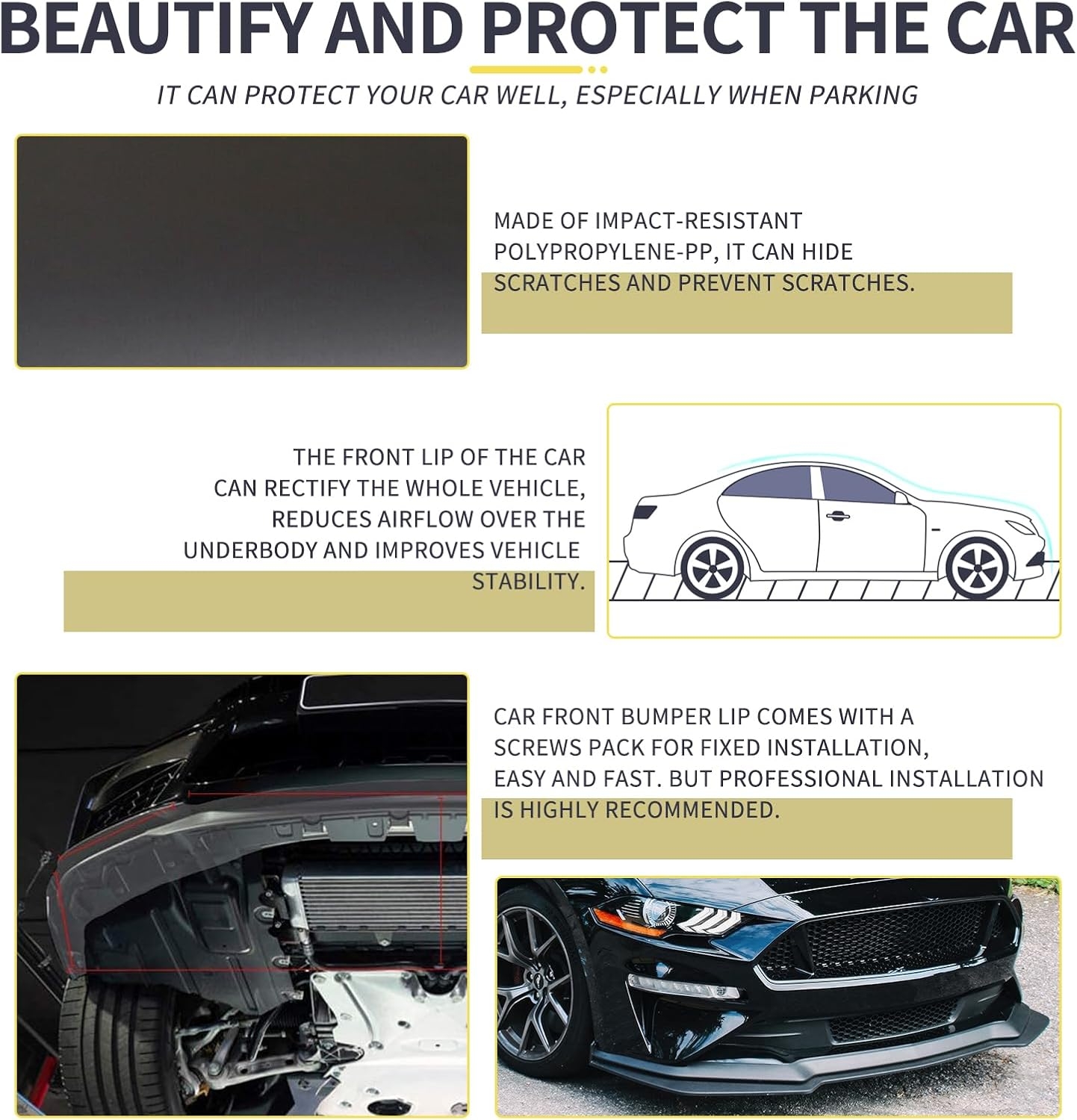 3PCS Matte Black Front Bumper Lip Chin Spoiler Splitter Diffuser Protector Body Kit with Adjustable 10"-13" Red Support Rod Compatible with 2018-2022 Ford Mustang Ecoboost GT V8 - Image 12