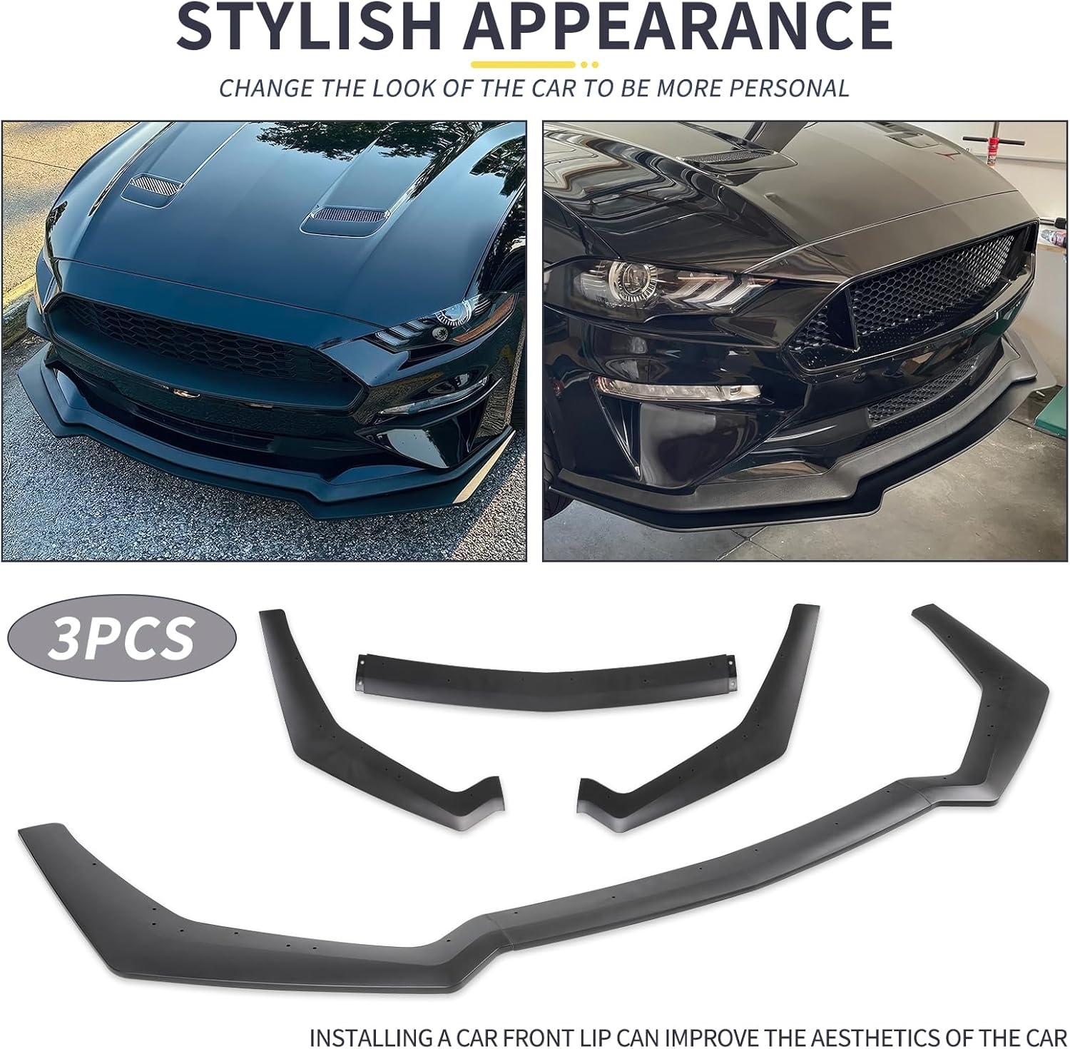 3PCS Matte Black Front Bumper Lip Chin Spoiler Splitter Diffuser Protector Body Kit with Adjustable 10"-13" Red Support Rod Compatible with 2018-2022 Ford Mustang Ecoboost GT V8 - Image 13