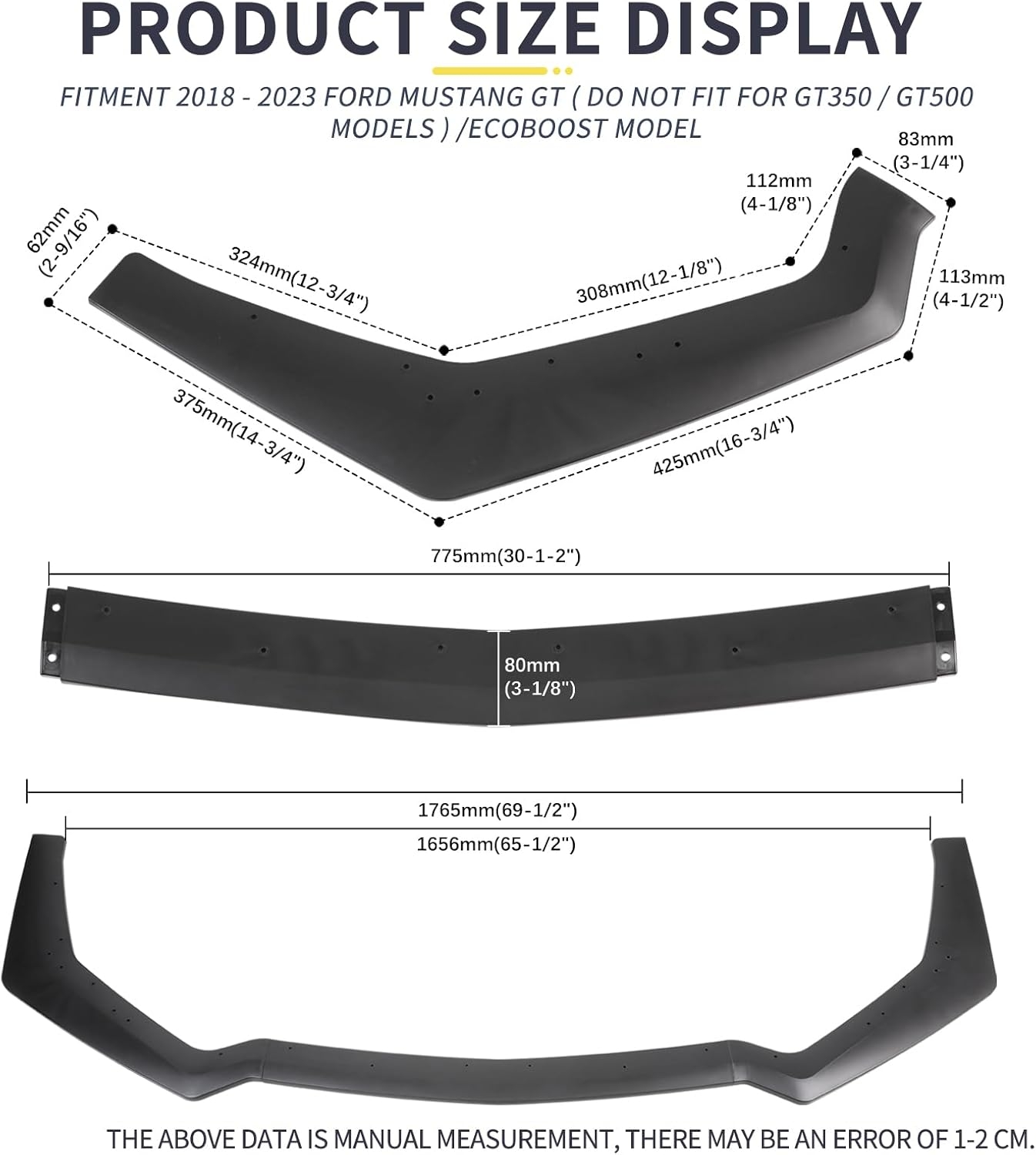 3PCS Matte Black Front Bumper Lip Chin Spoiler Splitter Diffuser Protector Body Kit with Adjustable 10"-13" Red Support Rod Compatible with 2018-2022 Ford Mustang Ecoboost GT V8 - Image 15