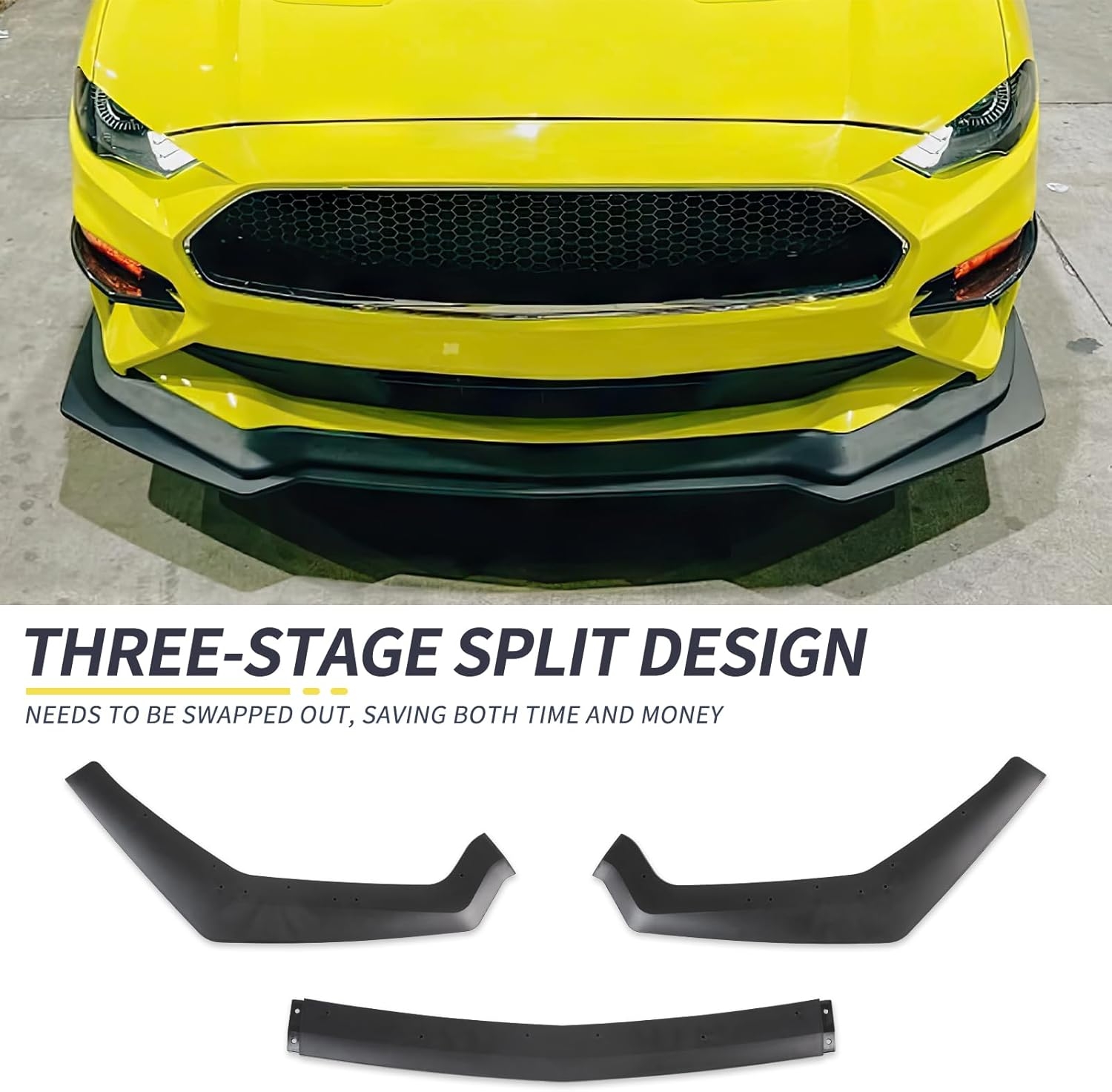3PCS Matte Black Front Bumper Lip Chin Spoiler Splitter Diffuser Protector Body Kit with Adjustable 10"-13" Red Support Rod Compatible with 2018-2022 Ford Mustang Ecoboost GT V8 - Image 16