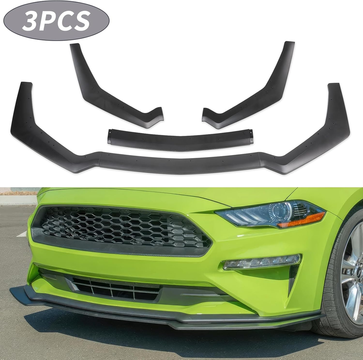 3PCS Matte Black Front Bumper Lip Chin Spoiler Splitter Diffuser Protector Body Kit with Adjustable 10"-13" Red Support Rod Compatible with 2018-2022 Ford Mustang Ecoboost GT V8 - Image 17