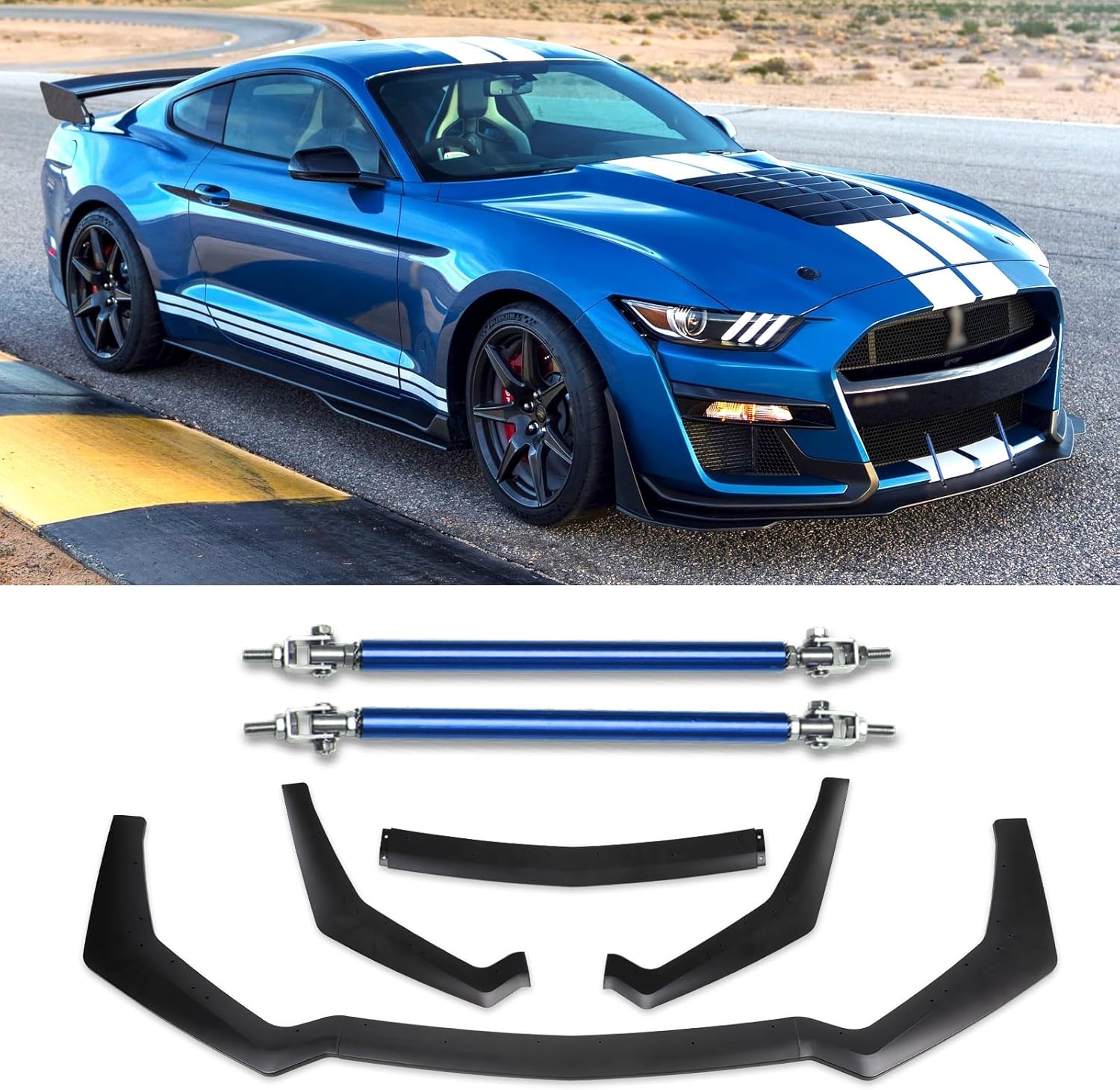 3PCS Matte Black Front Bumper Lip Chin Spoiler Splitter Diffuser Protector Body Kit with Adjustable 10"-13" Red Support Rod Compatible with 2018-2022 Ford Mustang Ecoboost GT V8 - Image 18