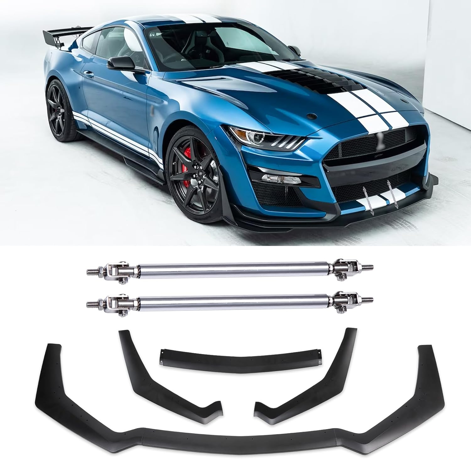 3PCS Matte Black Front Bumper Lip Chin Spoiler Splitter Diffuser Protector Body Kit with Adjustable 10"-13" Red Support Rod Compatible with 2018-2022 Ford Mustang Ecoboost GT V8 - Image 19