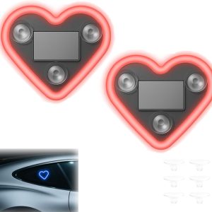 Car LED Ambient Light – Solar-Powered Heart-Shaped LED Neon Light, with Three Suction Cups, Five Lighting Adjustments, Waterproof ABS Material, for Cars (Red,2pcs)