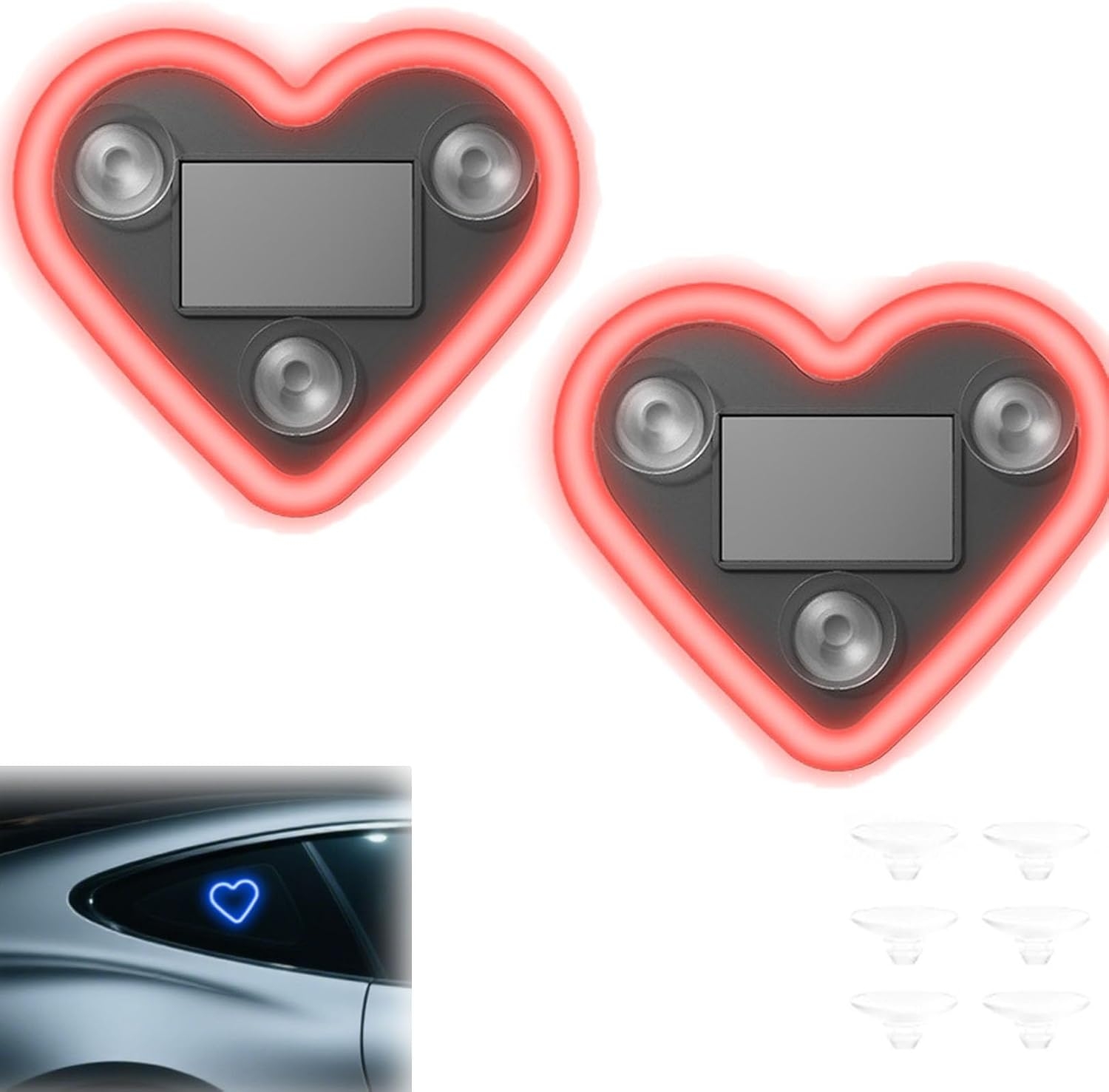 Car LED Ambient Light - Solar-Powered Heart-Shaped LED Neon Light, with Three Suction Cups, Five Lighting Adjustments, Waterproof ABS Material, for Cars (Red,2pcs)