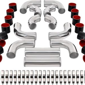 KUAFU 12 Pcs Universal 3″ Aluminium Turbo Intercooler Piping & Silicone Coupler & Stainless Steel Clamp Kit Polished