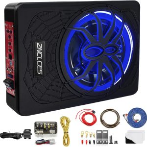 2025 Upgraded 10″ 1200W Slim Under Seat Powered Car Subwoofer with Colorful LED Ambient Lights, Car/Truck Audio Sub Built in Amplifier Outstanding Heat Dissipation, Powerful Bass for Passion Driving