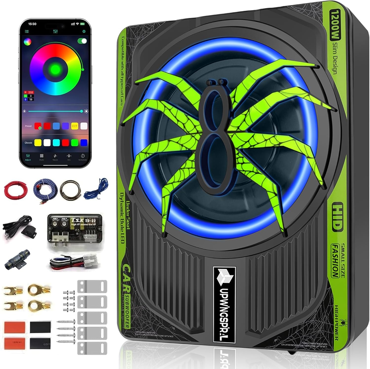 1200W RGB Subwoofer, Slim Under Seat Car Subwoofer and Amp Package with RGB Beat-Synced Light, Individual Control for Low Pass/Gain/Boost Bass, Deep Bass Perfect for Truck/SUV/Jeep/Sedan