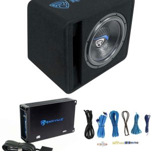 Rockville SK512 Package 12″ 1400w K5 Car Subwoofer Enclosure, DB11 Amp, 8Ga Wiring Kit, Vented Loaded Sub and Mono Amplifier with Bass Knob