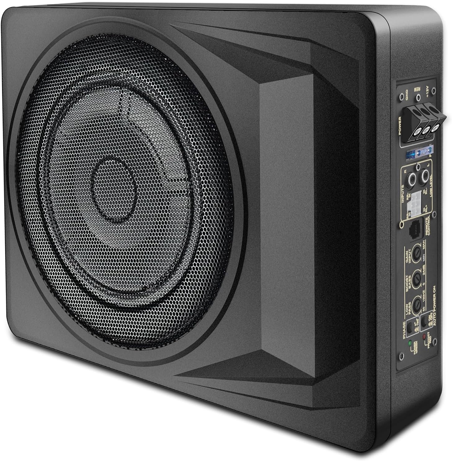 10 Inch 1200W Slim Under Seat Car Subwoofer with Built-in Amplifier - Powered Subwoofer for Car/Truck, High/Low Level Inputs, Remote Control, Enhanced Bass (14" L x 10.2" W x 3" H)